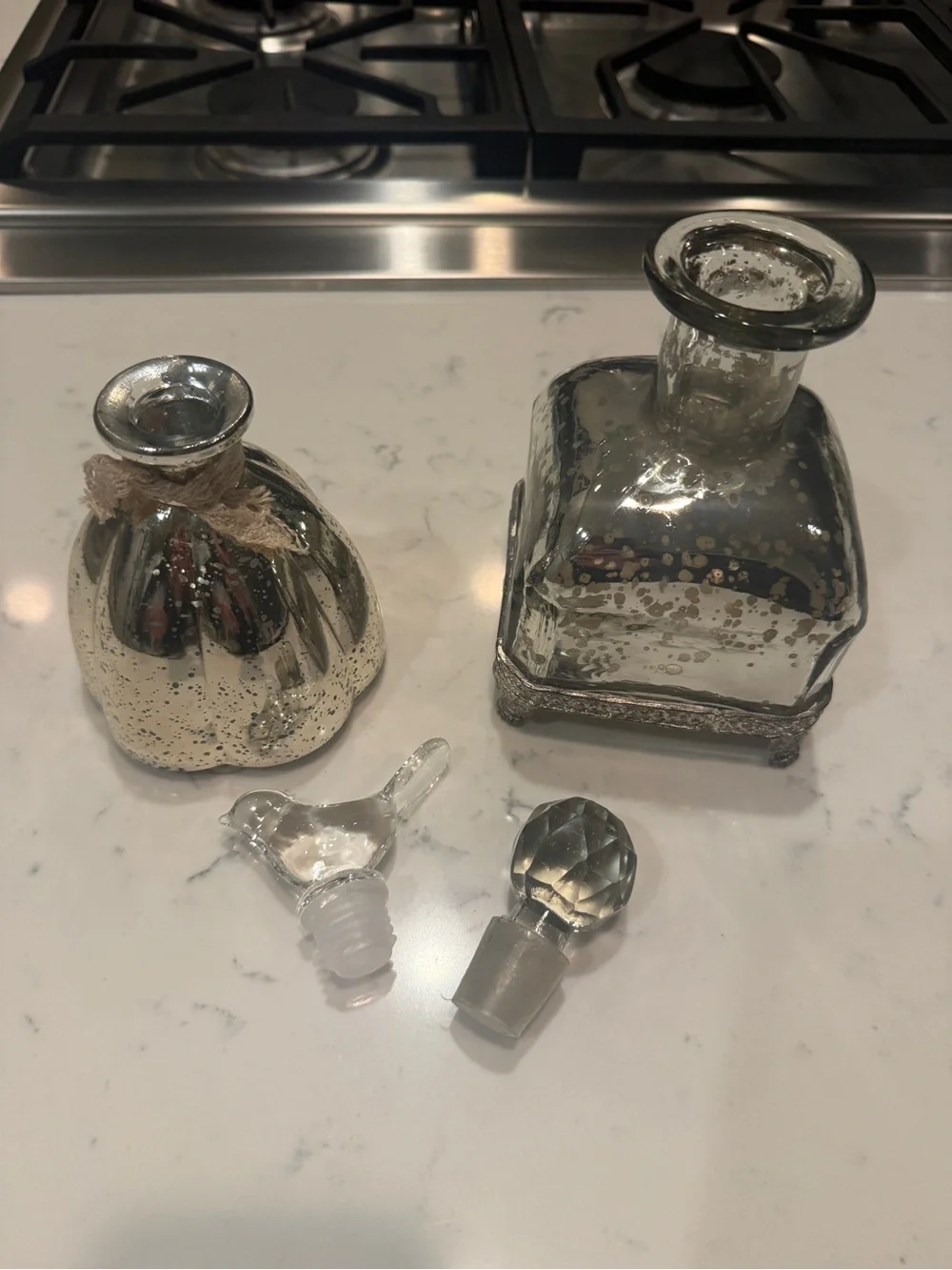 Mercury Glass Decorative Bottles Bird & Crystal Stoppers Cottage Decor